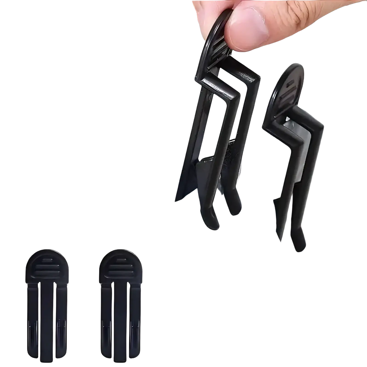 Black plastic trash bag clip with curved top and three prongs for securing garbage bags in bins