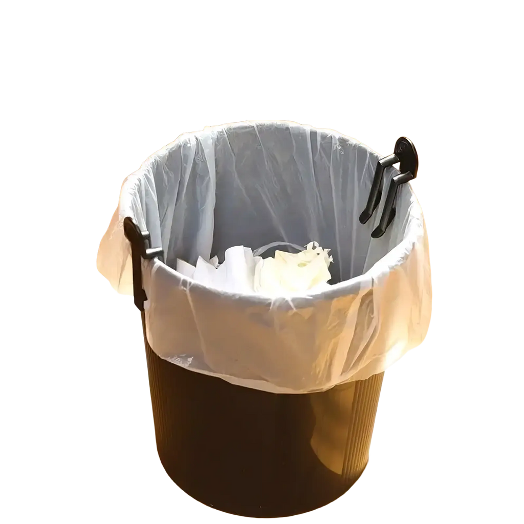 Black cylindrical trash can with clear plastic liner and black clip-on handles for secure bin lid holding