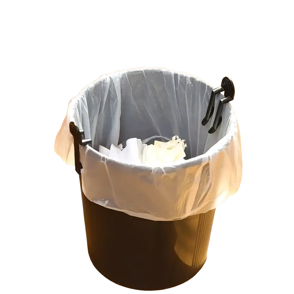 Black cylindrical trash can with clear plastic liner and black clip-on handles for secure bin lid holding