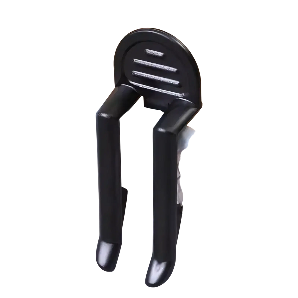 Black plastic trash bag clip with rounded top, horizontal slits, and curved arms for secure bin lids