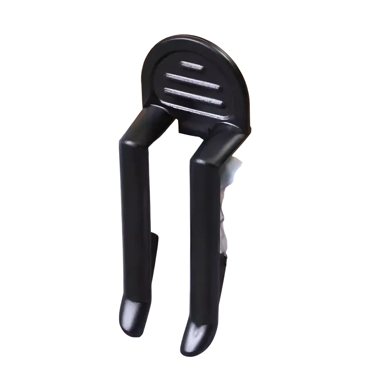 Black plastic trash bag clip with rounded top, horizontal slits, and curved arms for secure bin lids
