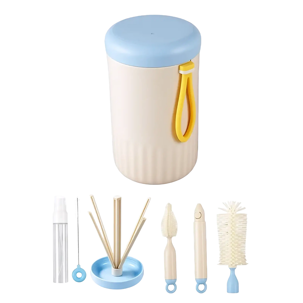 Beige and light blue travel baby bottle cleaner brush set with yellow handle designed for easy bottle cleaning on the go