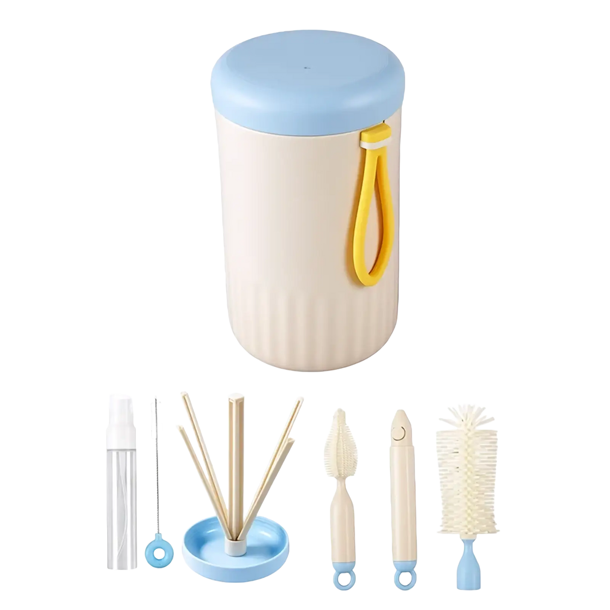 Beige and light blue travel baby bottle cleaner brush set with yellow handle designed for easy bottle cleaning on the go