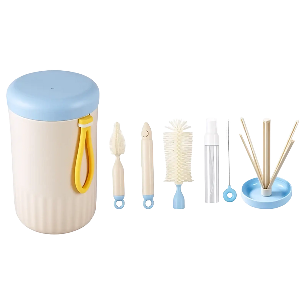 Beige and light blue cylindrical travel baby bottle cleaner brush set with yellow handle for easy cleaning on the go