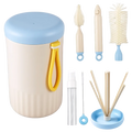 Beige and light blue travel baby bottle cleaner brush set with ribbed container, yellow handle, and assorted brushes and nozzles