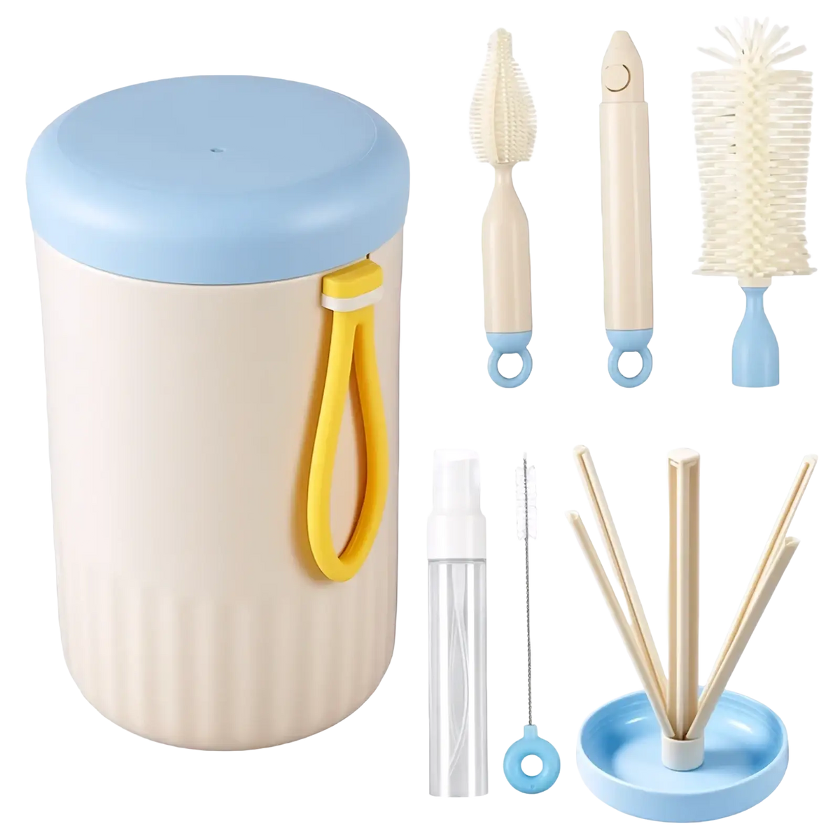 Beige and light blue travel baby bottle cleaner brush set with ribbed container, yellow handle, and assorted brushes and nozzles