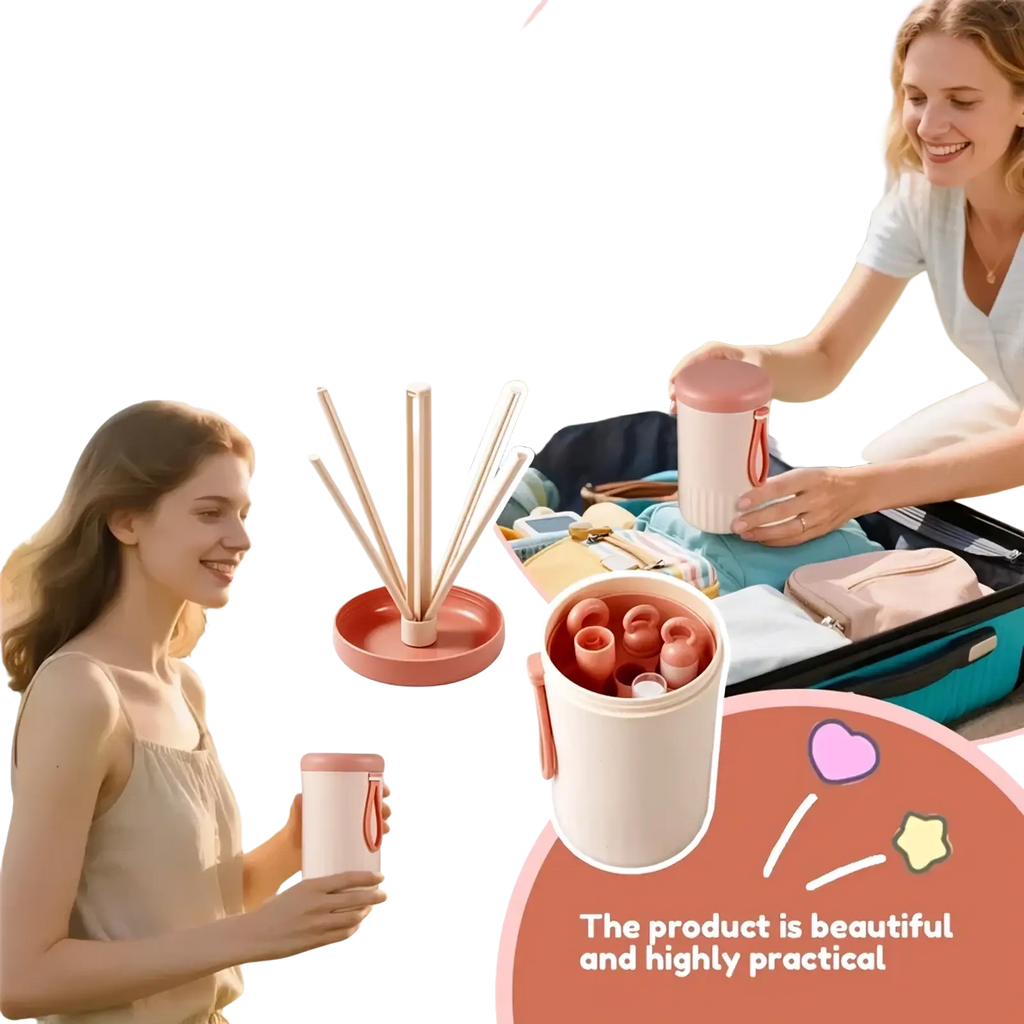 Beige cylindrical travel baby bottle cleaner brush container with pink lid and handle for portable toiletry storage