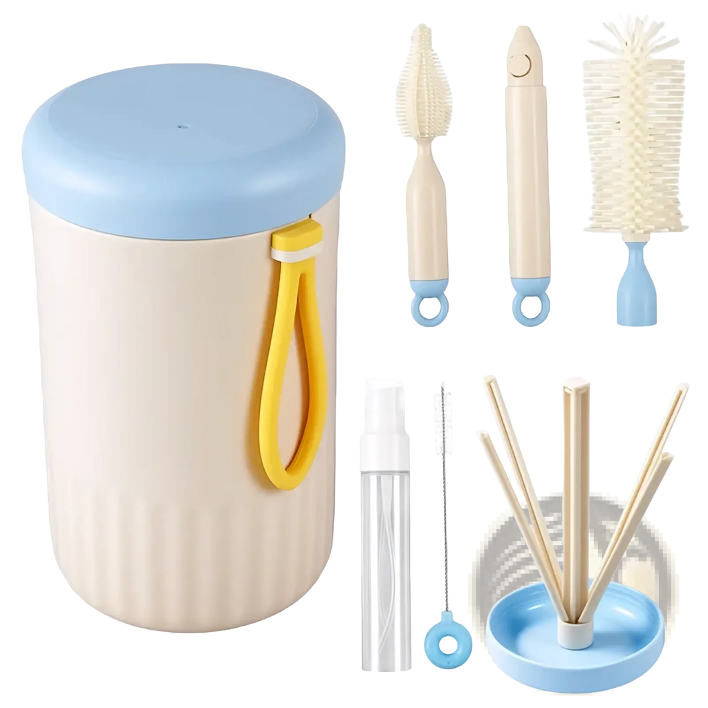 Beige and light blue travel baby bottle cleaner brush set with ribbed container, yellow handle, and assorted brushes and nozzles
