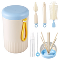 Beige and light blue travel baby bottle cleaner brush set with ribbed container, yellow handle, and assorted brushes and nozzles