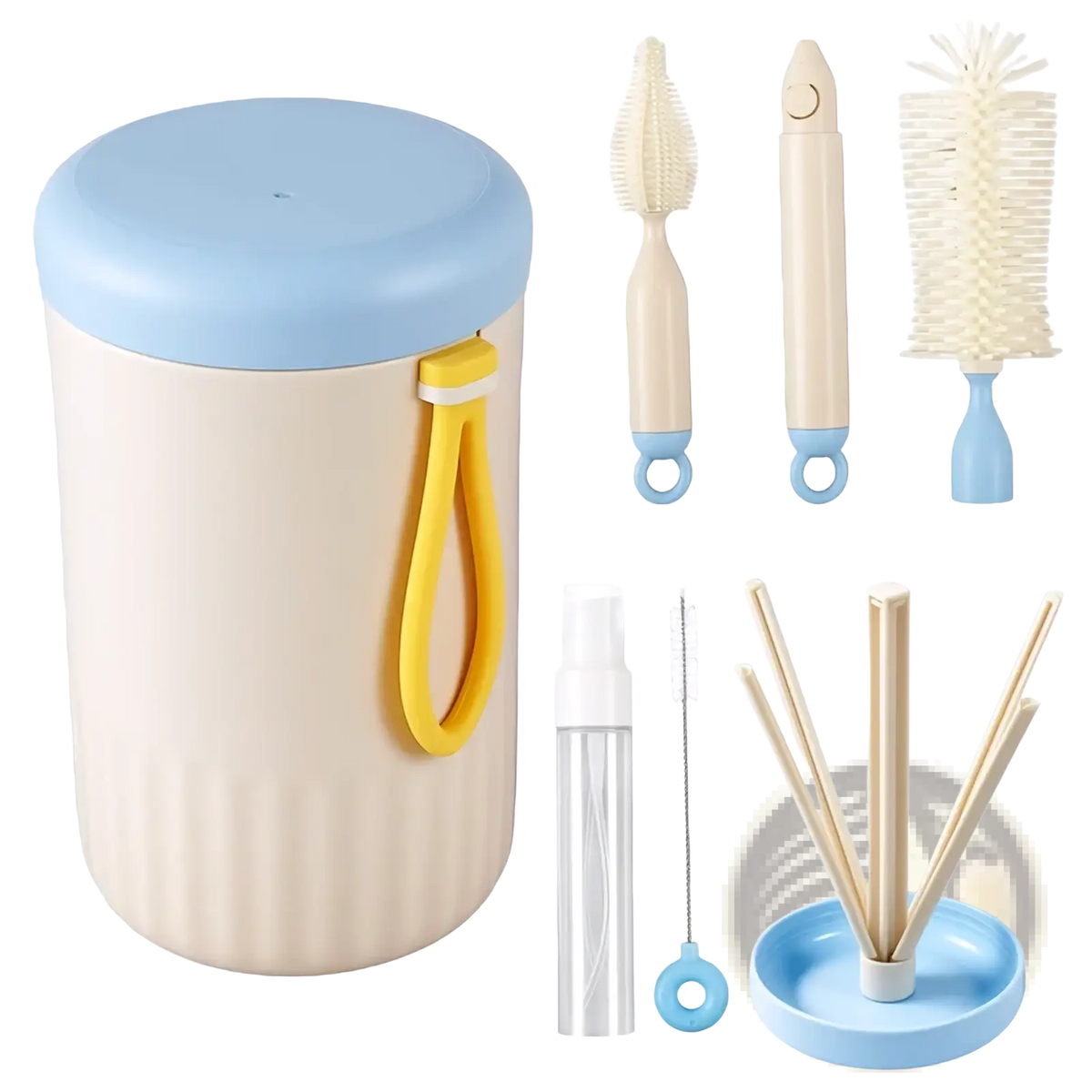 Beige and light blue travel baby bottle cleaner brush set with ribbed container, yellow handle, and assorted brushes and nozzles