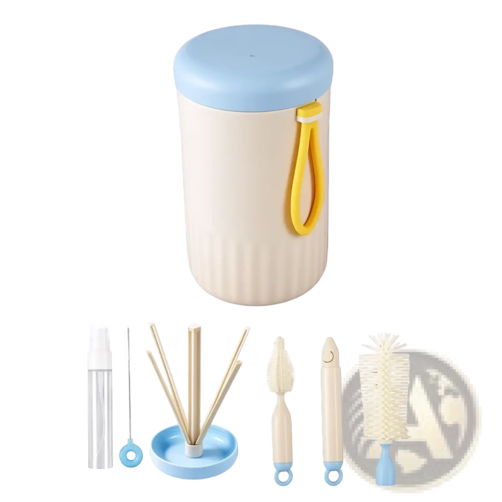 Beige and light blue travel baby bottle cleaner brush set with yellow handle designed for easy bottle cleaning on the go