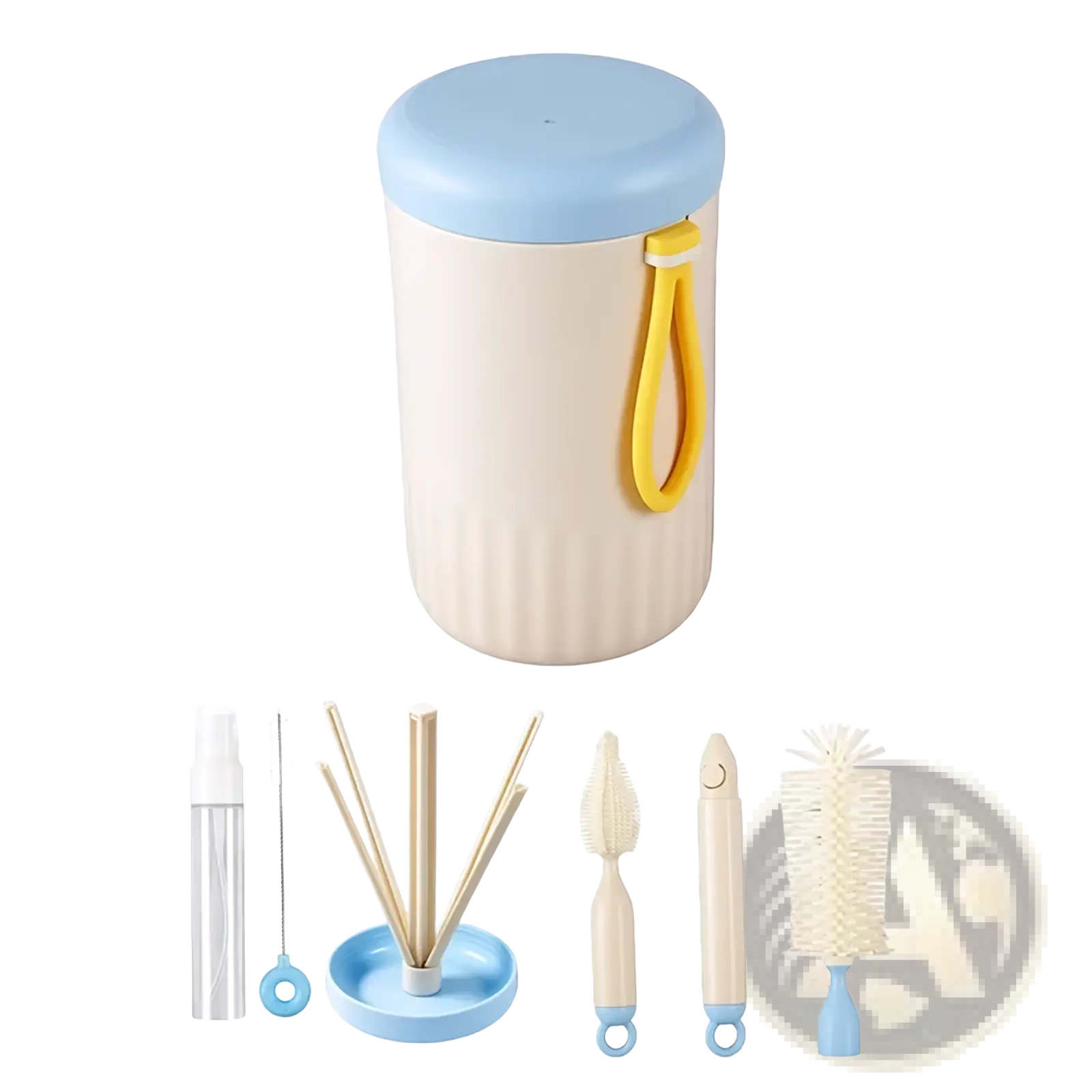 Beige and light blue travel baby bottle cleaner brush set with yellow handle designed for easy bottle cleaning on the go