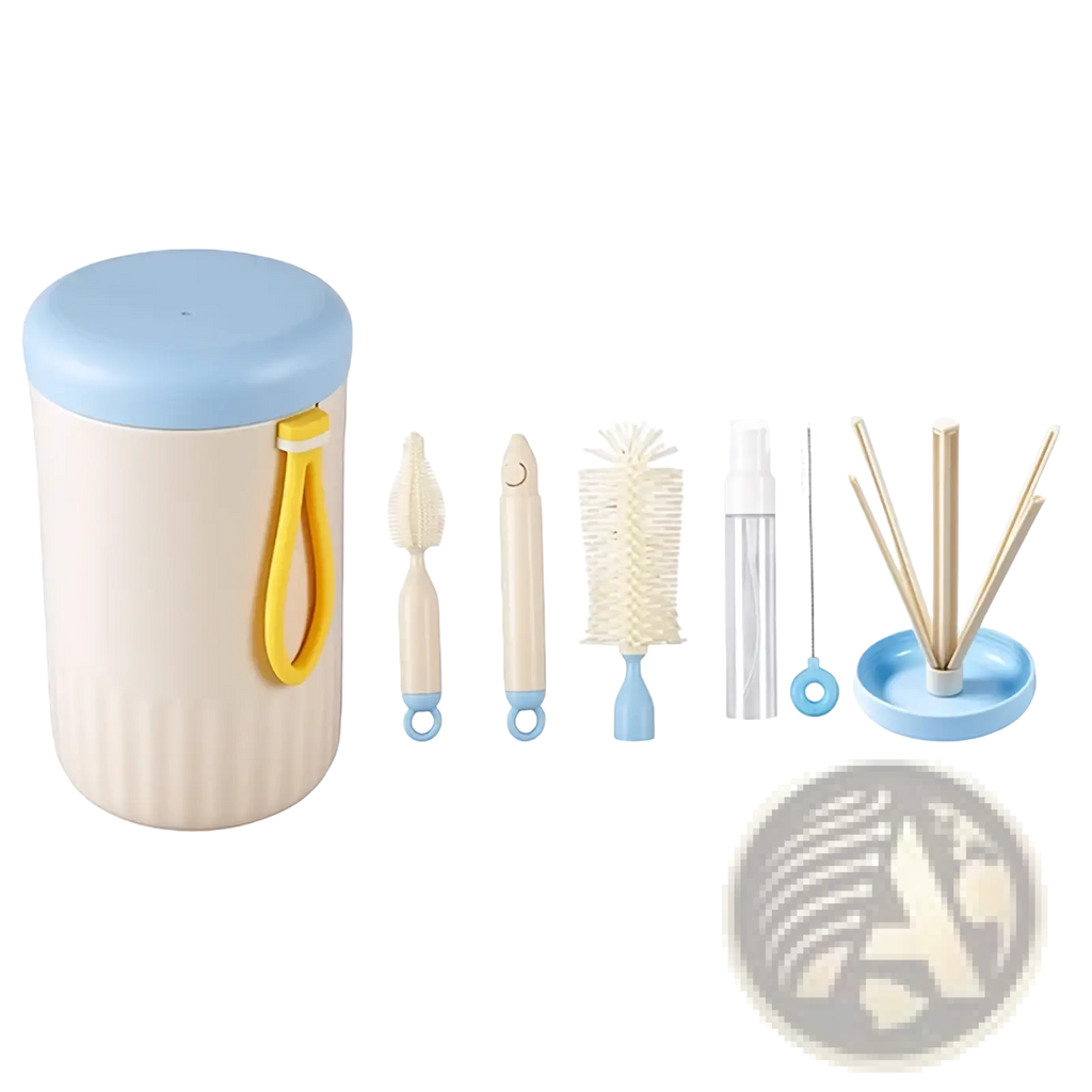 Beige and light blue cylindrical travel baby bottle cleaner brush set with yellow handle for easy cleaning on the go