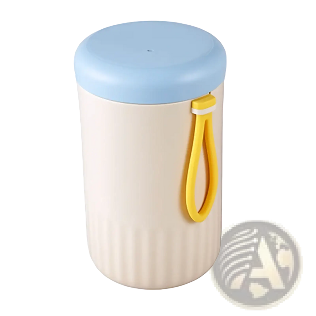 Cream-colored insulated travel baby bottle cleaner cup with light blue lid and yellow silicone handle for easy grip