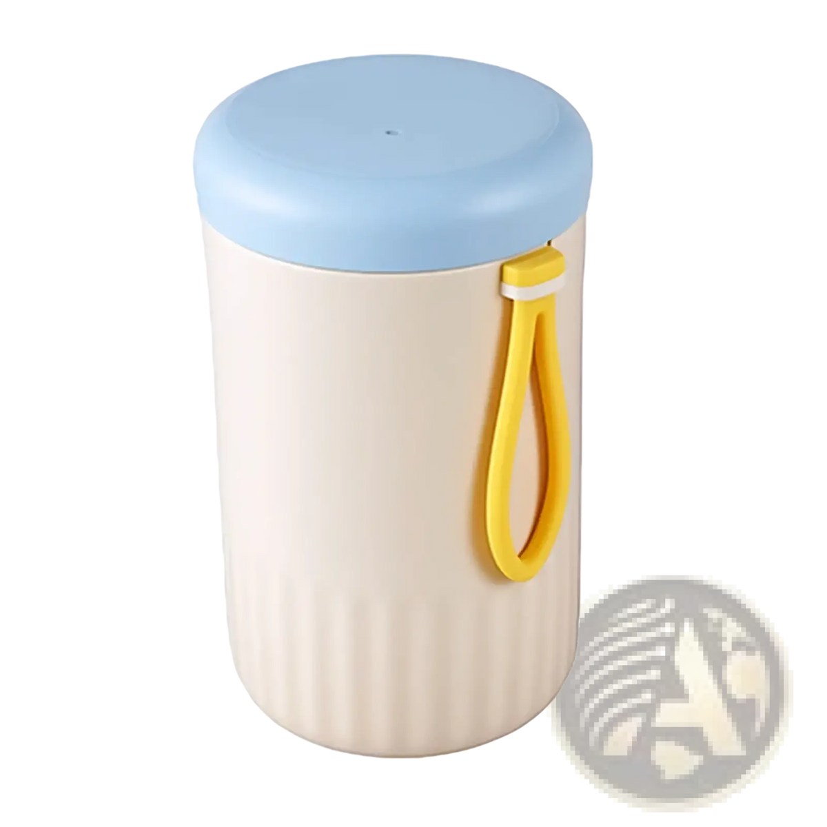 Cream-colored insulated travel baby bottle cleaner cup with light blue lid and yellow silicone handle for easy grip