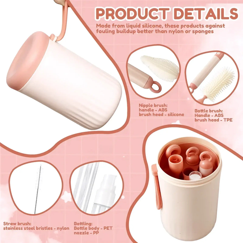 Pastel pink cylindrical bottle brush storage case with matching handle and strap for travel baby bottle cleaner set
