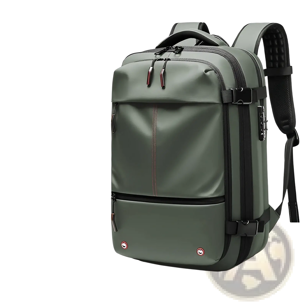 Army green travel backpack vacuum compression business laptop bag with black zippers and straps fits 17-inch laptops