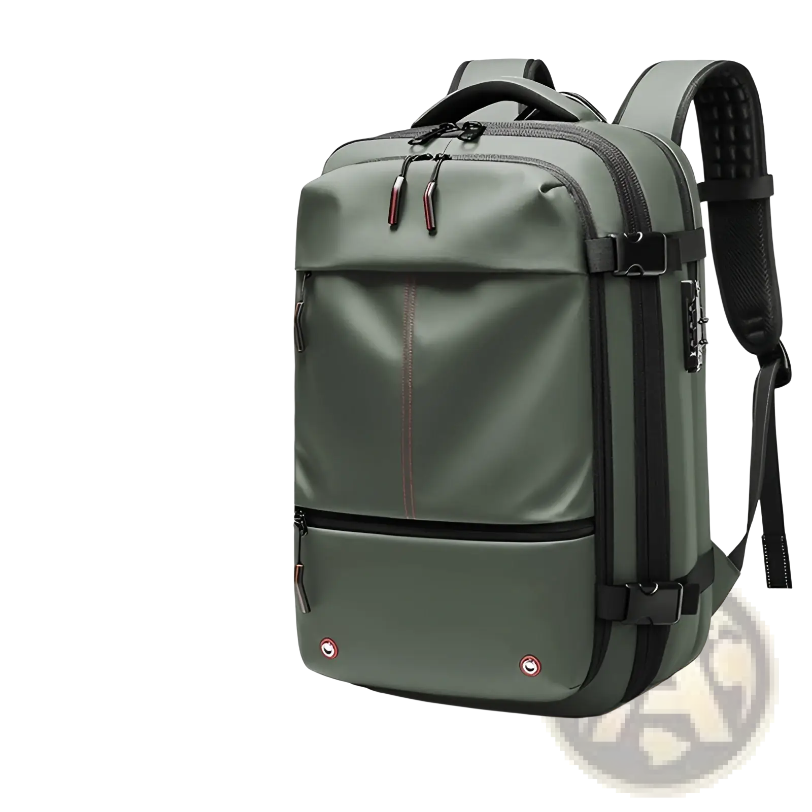 Army green travel backpack vacuum compression business laptop bag with black zippers and straps fits 17-inch laptops