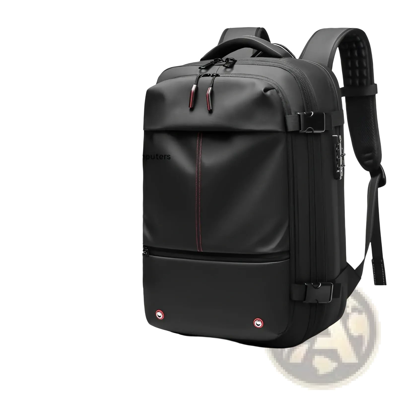 Black outwalk laptop backpack with red zipper pulls and subtle stitching details for business travel use