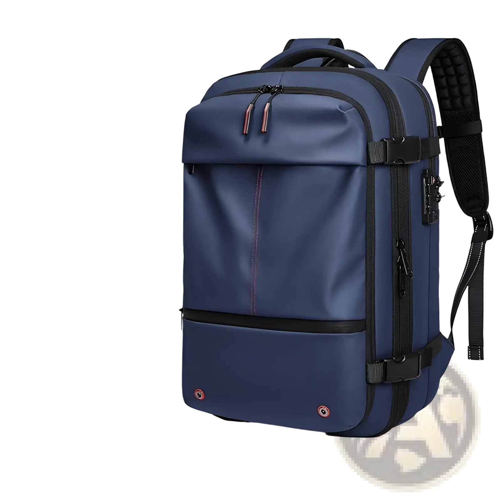 Navy blue travel backpack vacuum compression business laptop bag with black zippers and straps for 17-inch computers