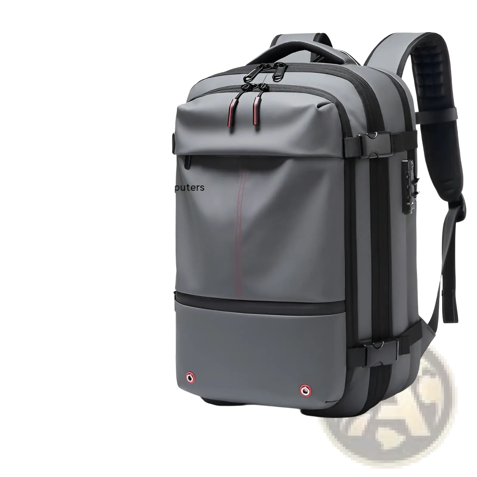 Grey outwalk travel backpack vacuum compression business laptop bag with black straps and red zipper pulls for 17-inch laptops