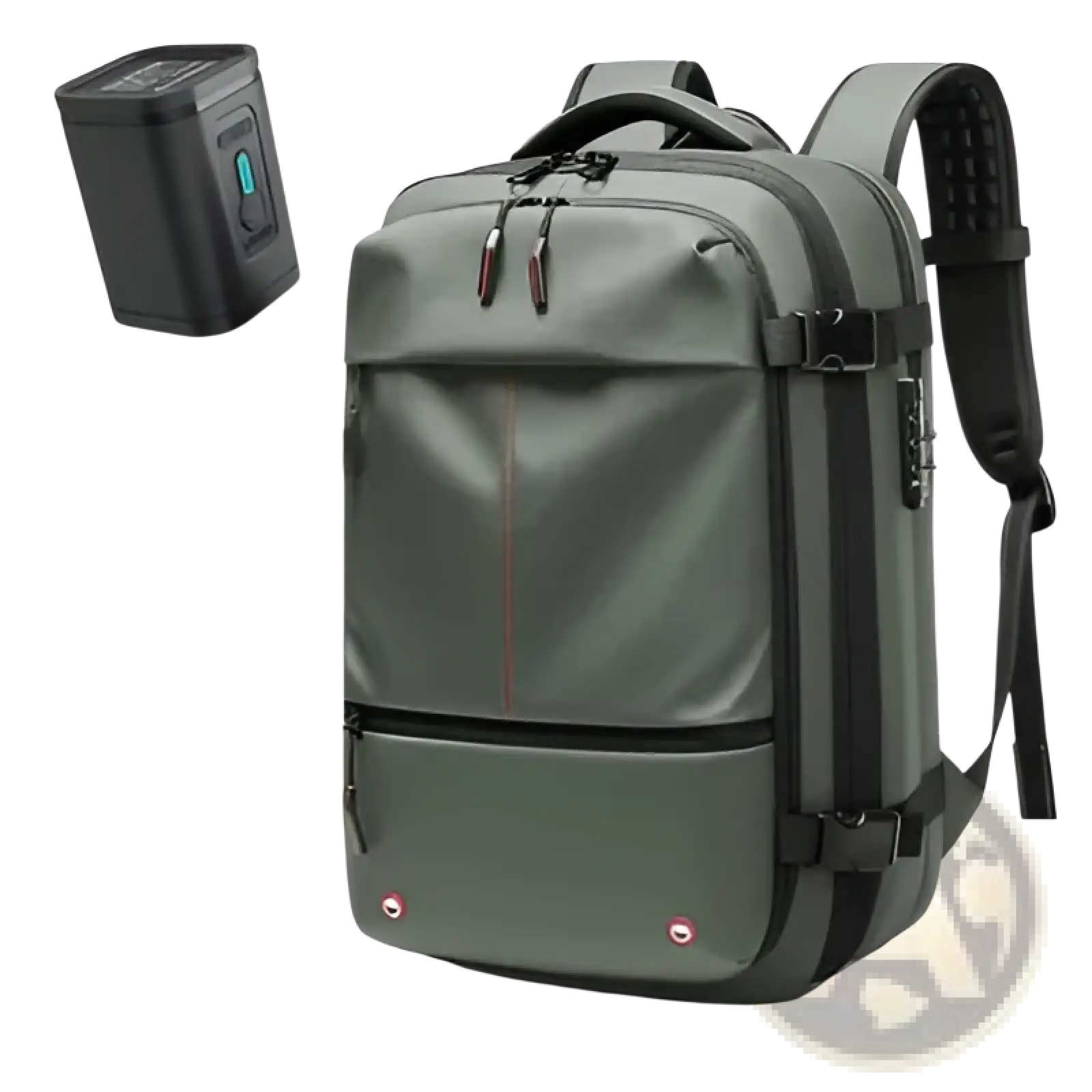 Dark olive green travel backpack vacuum compression business laptop bag with black straps and zippers, sleek modern design