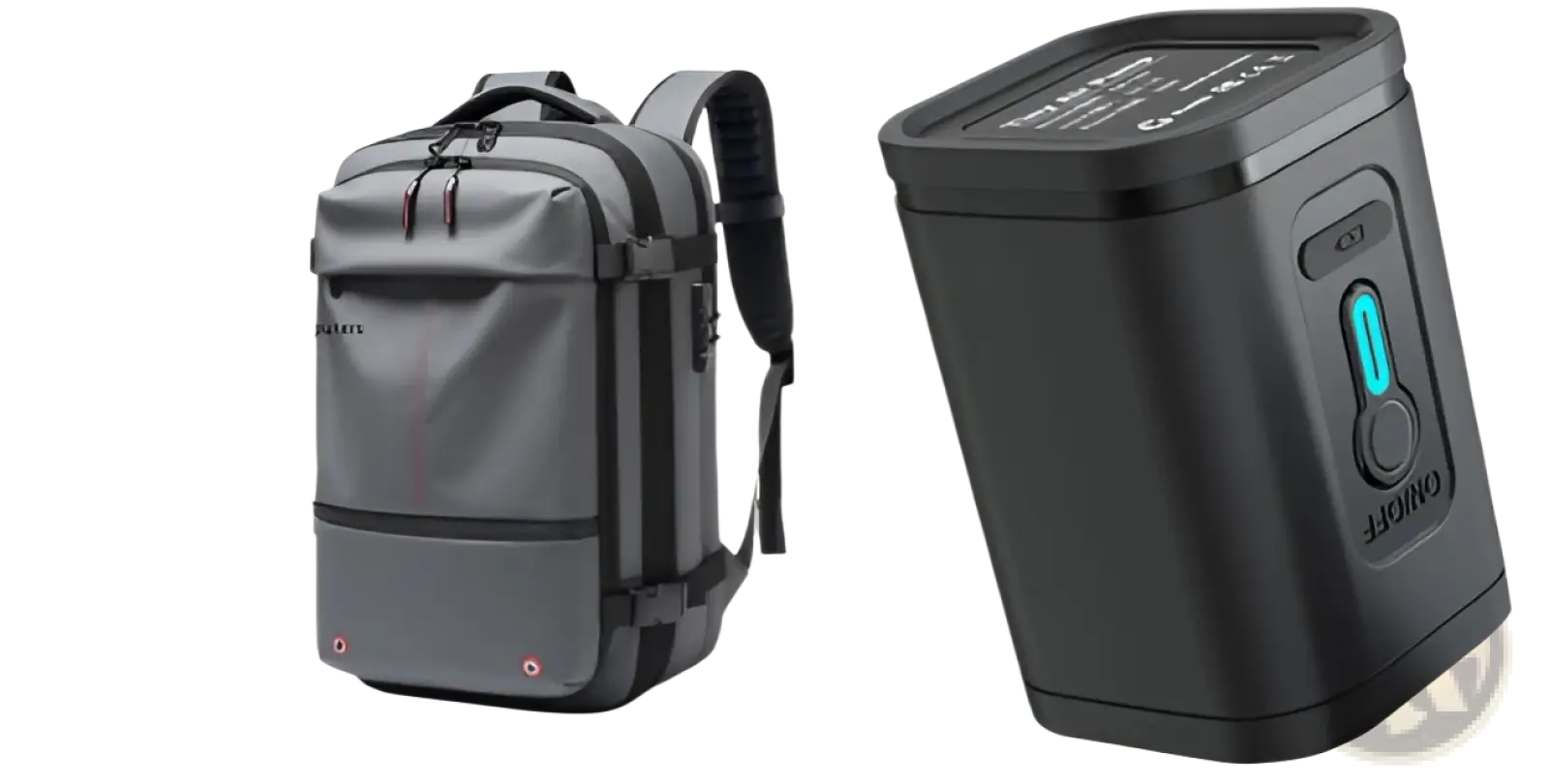 Grey outwalk travel backpack vacuum compression business laptop bag with black straps and red zipper pulls for 17-inch computers