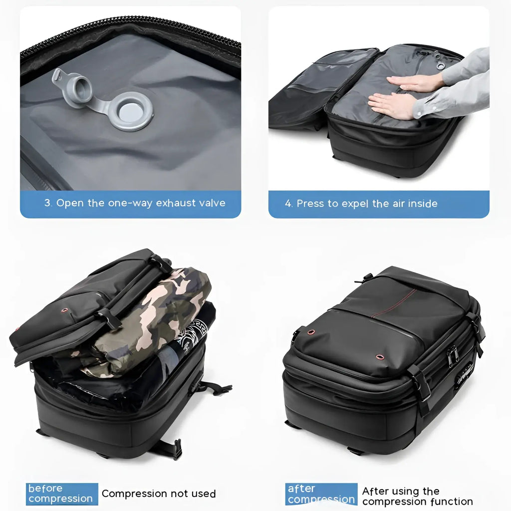 Black travel backpack vacuum compression business laptop bag with multiple zippers and one-way air exhaust valve