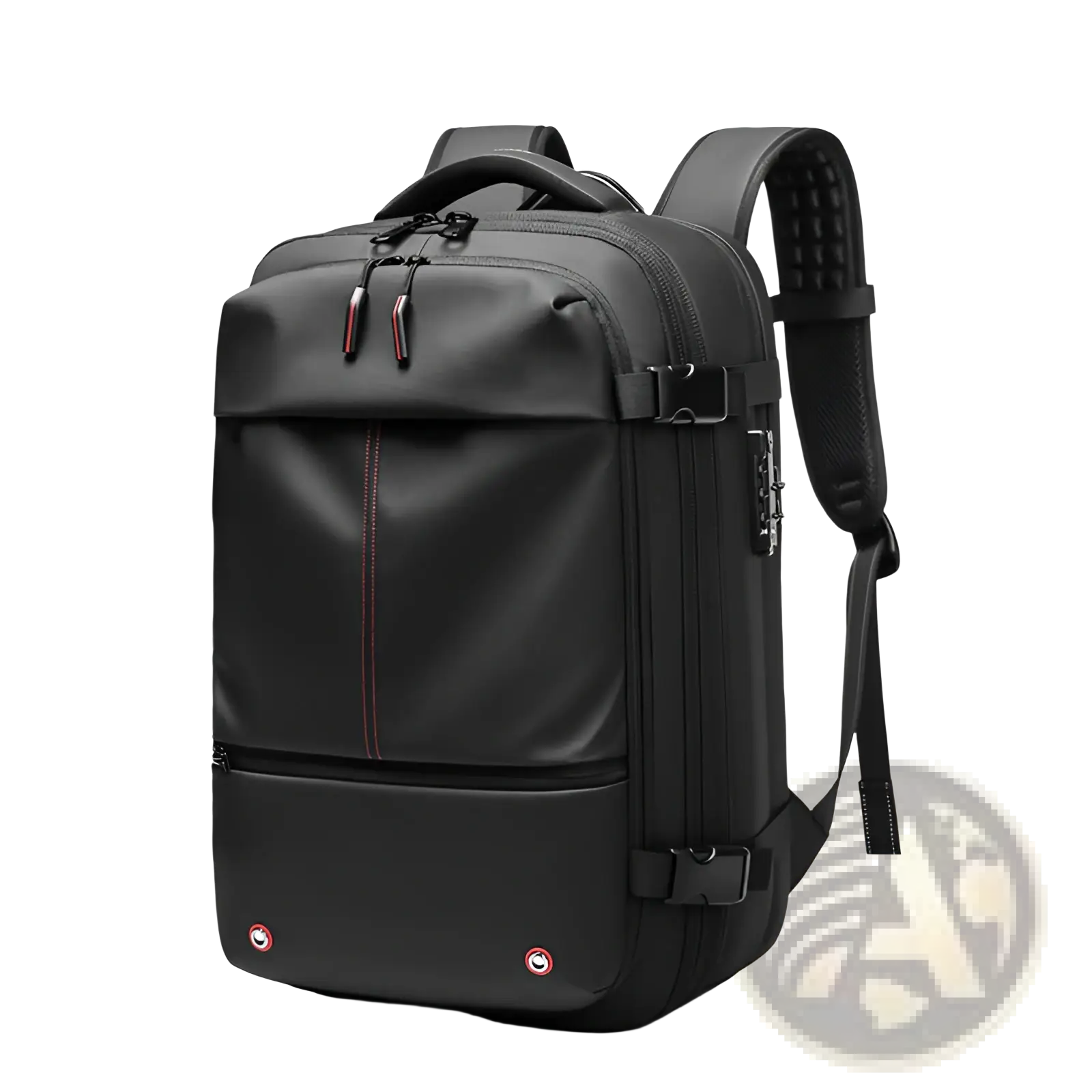 Black laptop backpack with red stitching and subtle branding designed for travel and business use with vacuum compression features