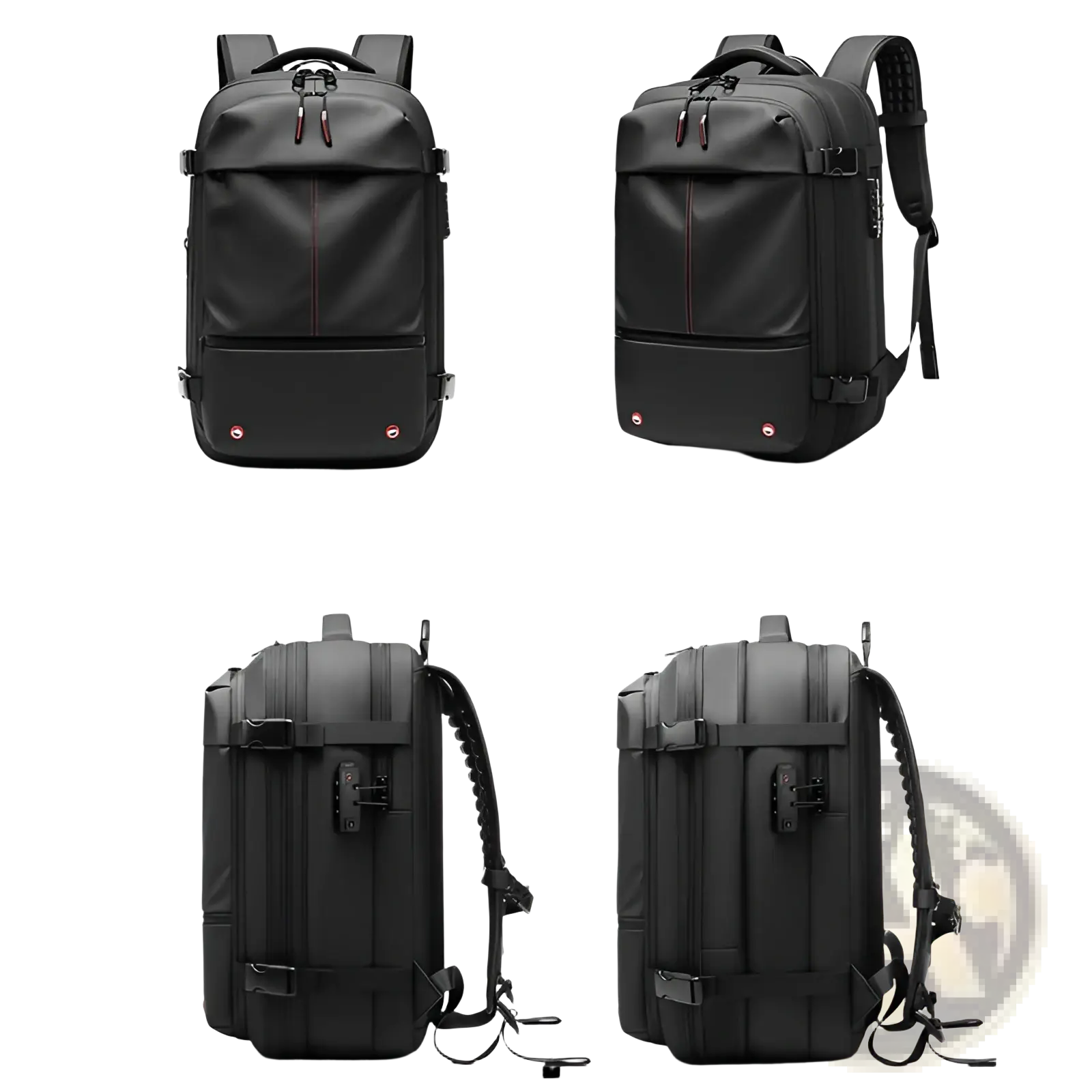 Black tactical travel backpack with red zipper pulls and side expansion panel designed for business laptops