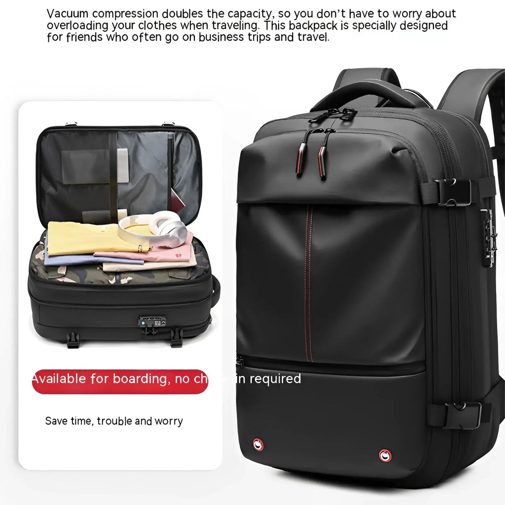 Black travel backpack with red stitching and front zipper pocket designed for vacuum compression business laptop use