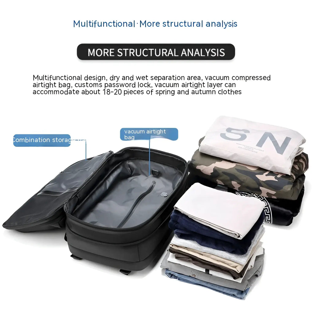 Black multifunctional travel backpack vacuum compression business laptop bag with airtight compartments