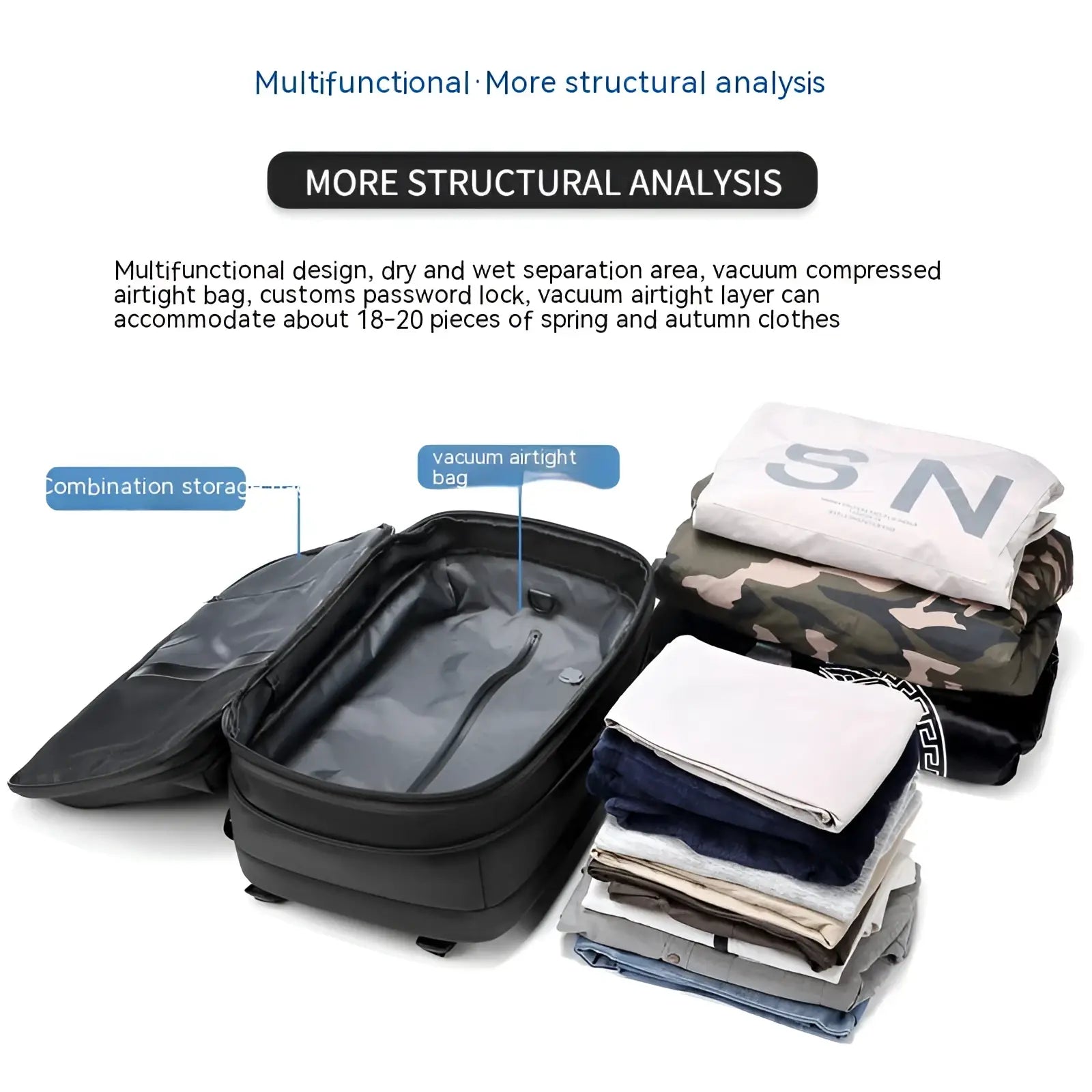 Black multifunctional travel backpack vacuum compression business laptop bag with airtight compartments