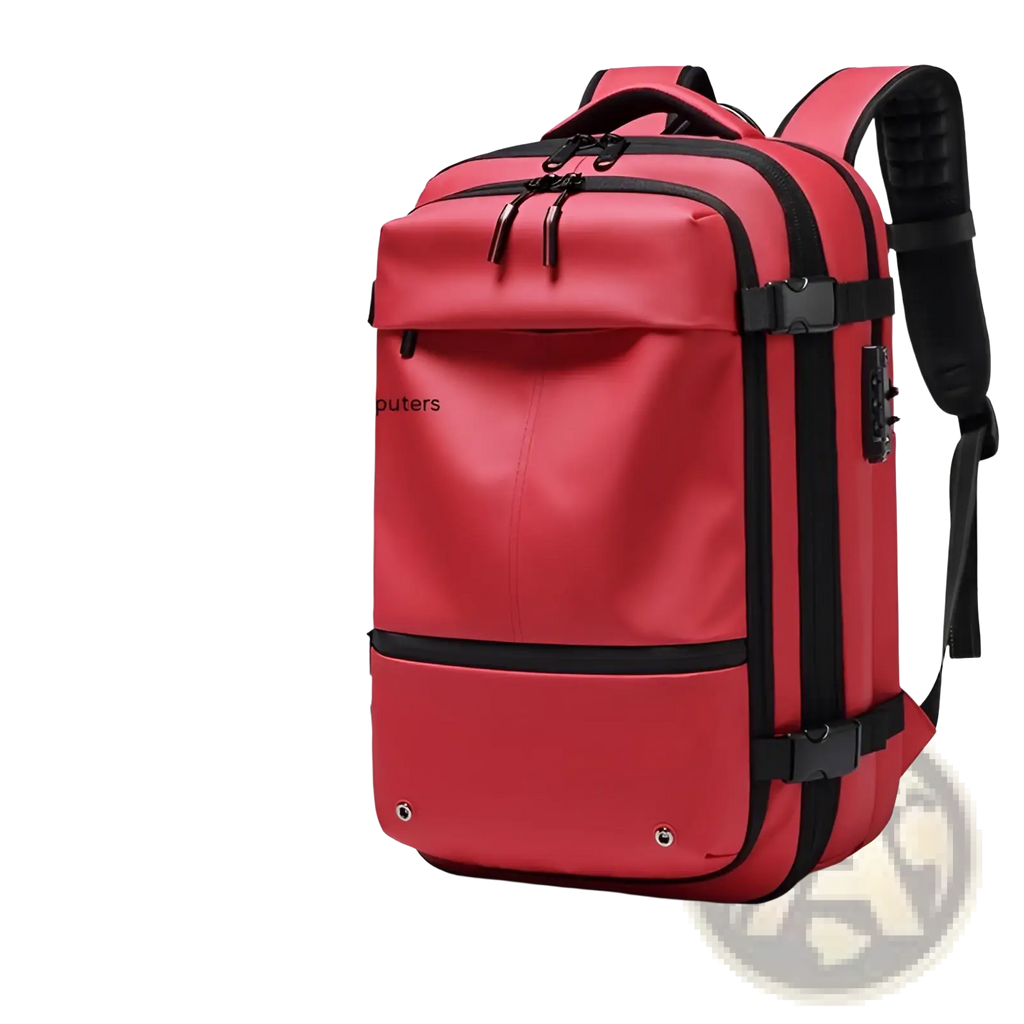 Red outwalk travel backpack with black trim and adjustable straps designed for 17-inch laptops and vacuum compression use