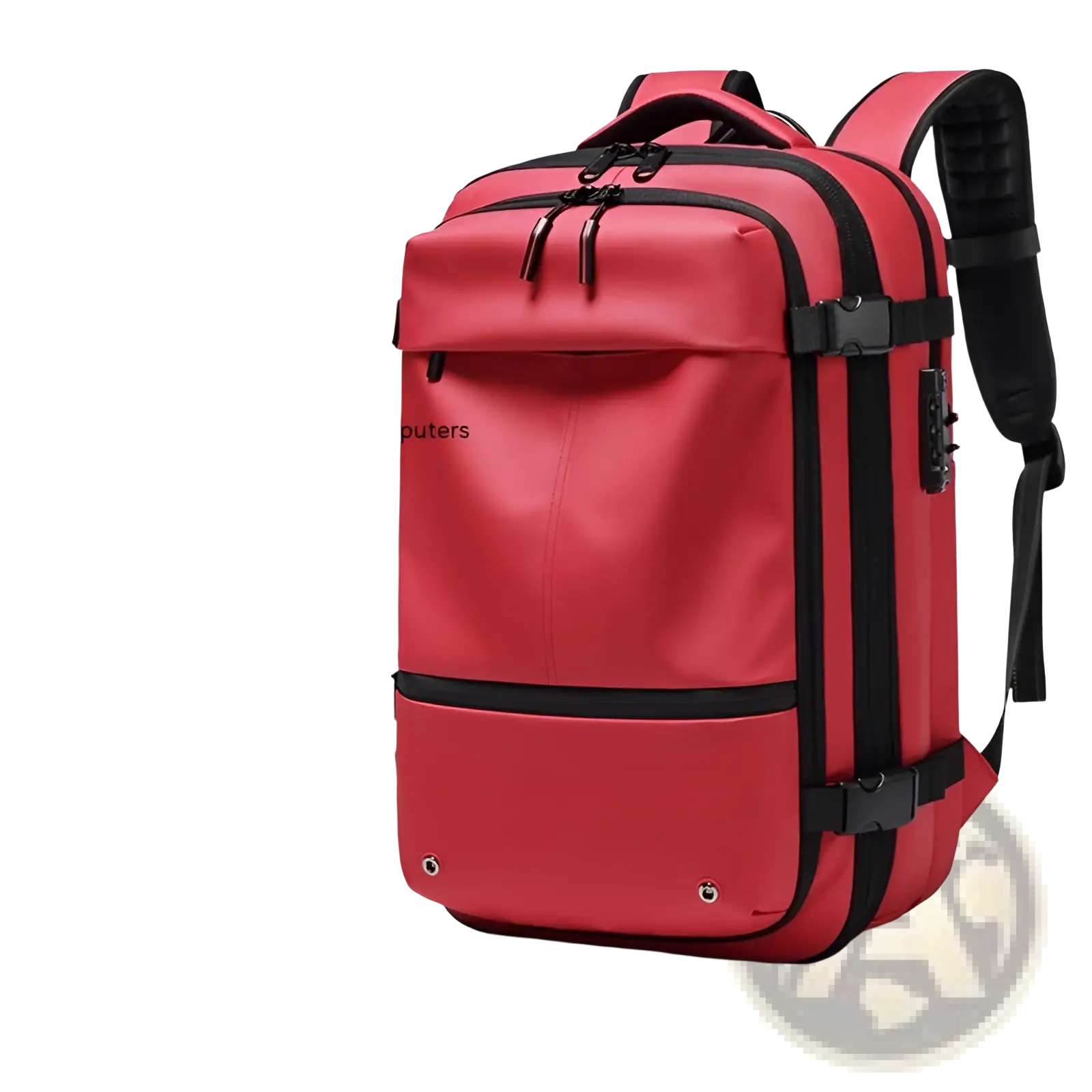 Red outwalk travel backpack with black trim and adjustable straps designed for 17-inch laptops and vacuum compression use