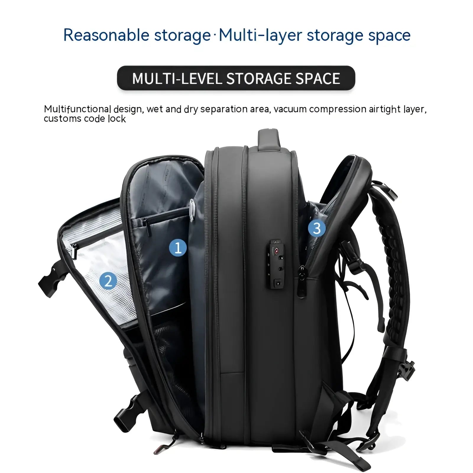 Black multi-level travel backpack with reinforced straps and customizable code lock for business laptop use