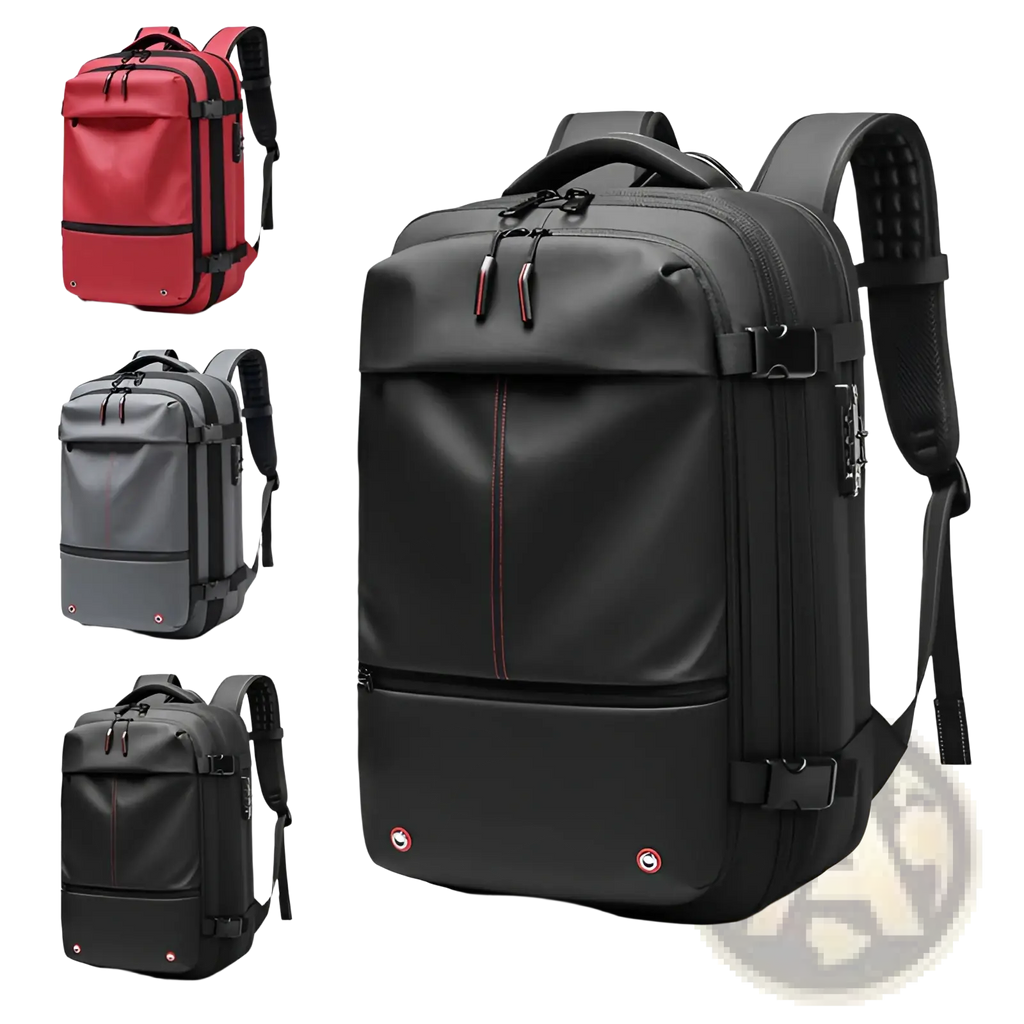 Black tactical travel backpack vacuum compression business laptop bag with red zipper pulls and circular logos