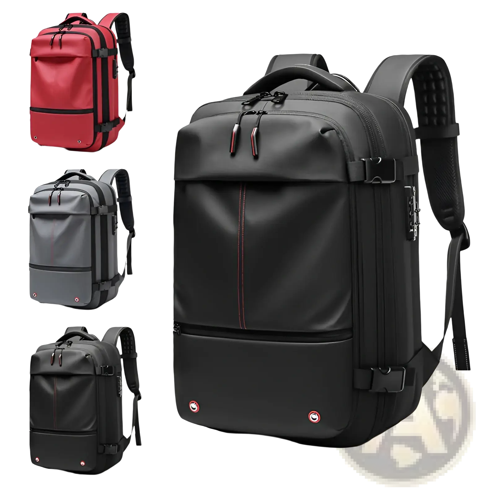 Black tactical travel backpack vacuum compression business laptop bag with red zipper pulls and circular logos