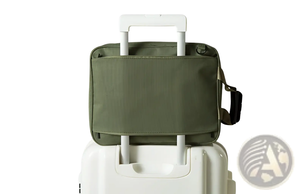 Olive green cotton canvas laptop sleeve with white retractable handle and black strap for travel bag storage organizer