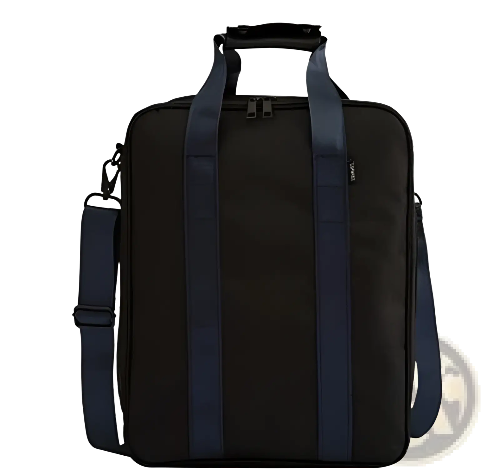 Black cotton canvas travel bag with navy blue straps and top handle featuring a minimalist storage cube organizer design