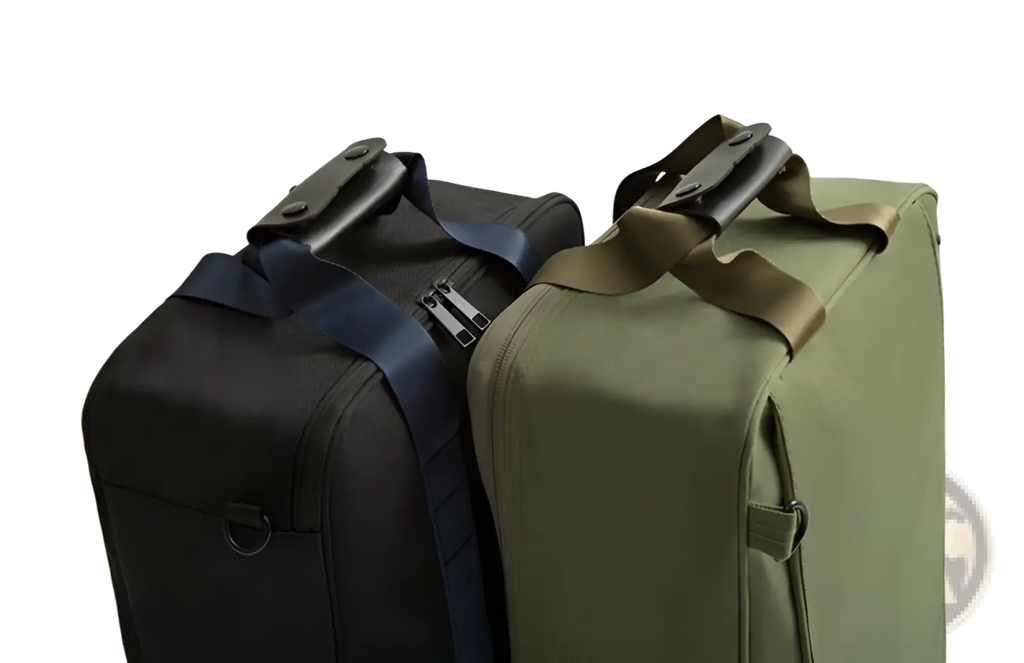 Black and olive green travel bag cotton canvas storage cube organizers with navy blue and khaki straps on carry-on suitcases