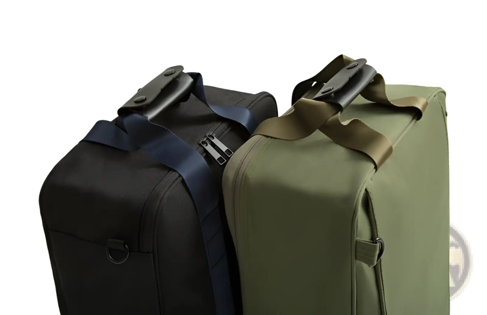Black and olive green travel bag cotton canvas storage cube organizers with navy blue and khaki straps on carry-on suitcases