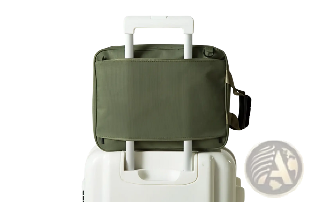 Olive green cotton canvas travel bag with white retractable handle and black adjustable shoulder strap storage cube organizer