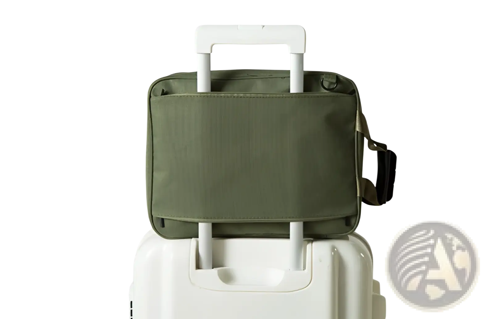 Olive green cotton canvas travel bag with white retractable handle and black adjustable shoulder strap storage cube organizer