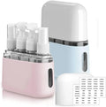 Travel bottle set 8 pack tsa approved toiletry kit with pink and light blue clear spray bottles and white pump tops with metallic accents
