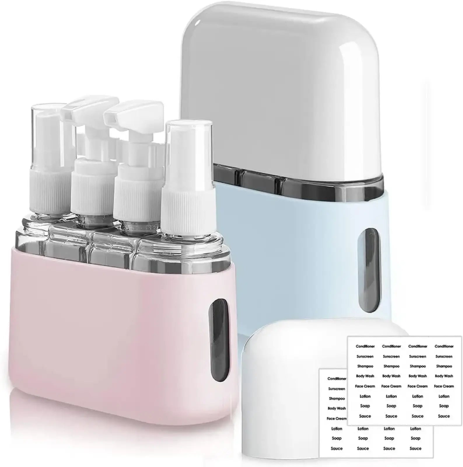 Travel bottle set 8 pack tsa approved toiletry kit with pink and light blue clear spray bottles and white pump tops with metallic accents