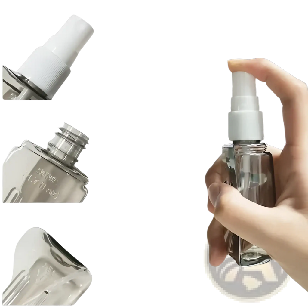 Clear glass spray bottle with white plastic nozzle and cap from travel bottle set 8 pack tsa approved toiletry kit
