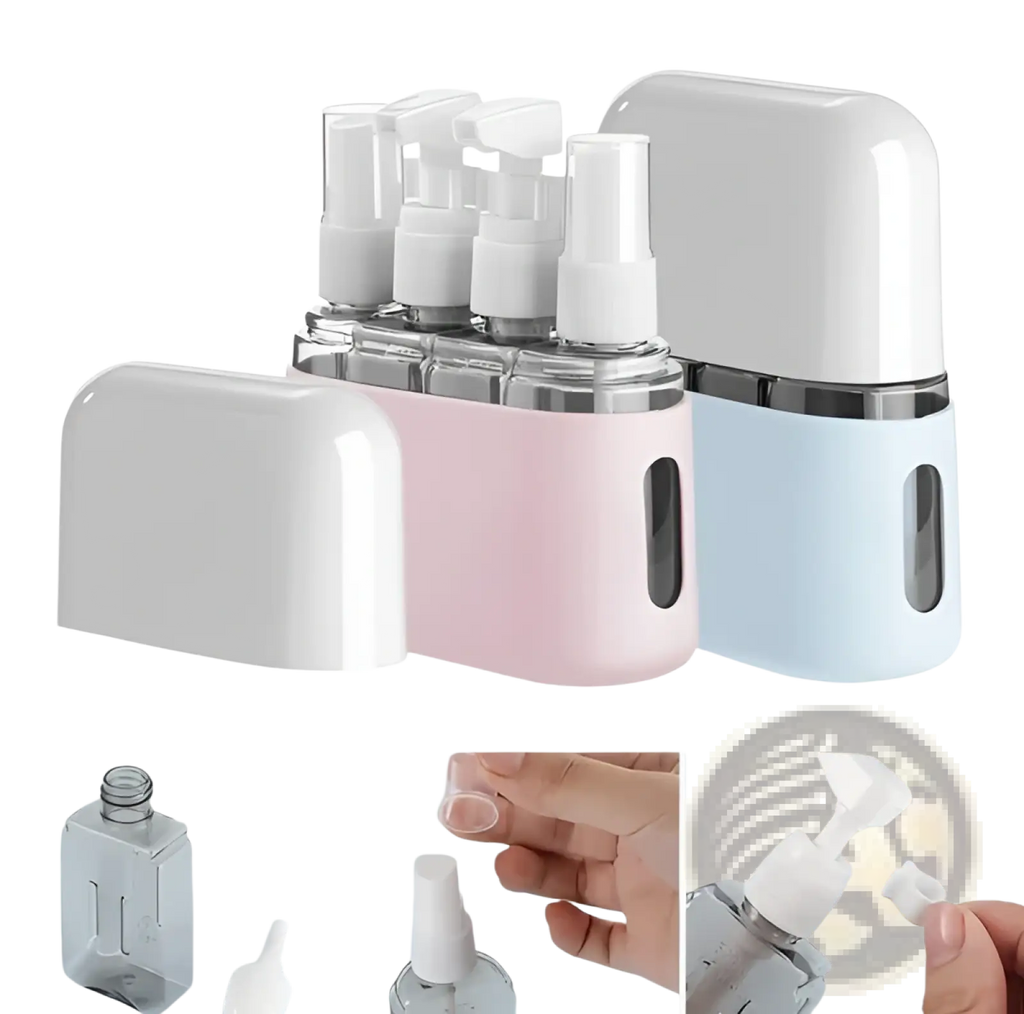 Set of three pastel-colored travel spray bottles with white pumps and clear glass for tsa approved toiletry kit