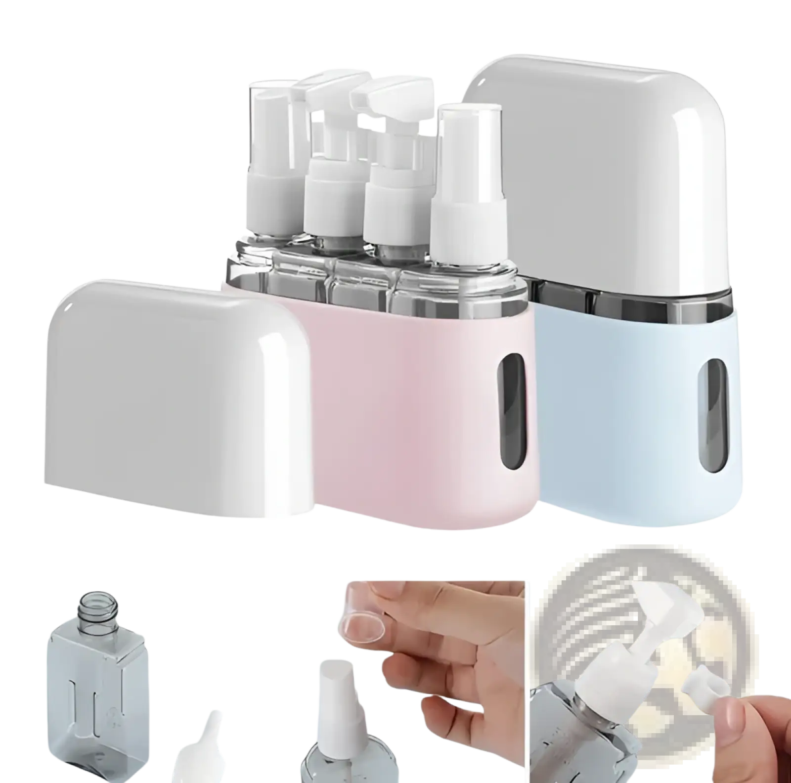 Set of three pastel-colored travel spray bottles with white pumps and clear glass for tsa approved toiletry kit