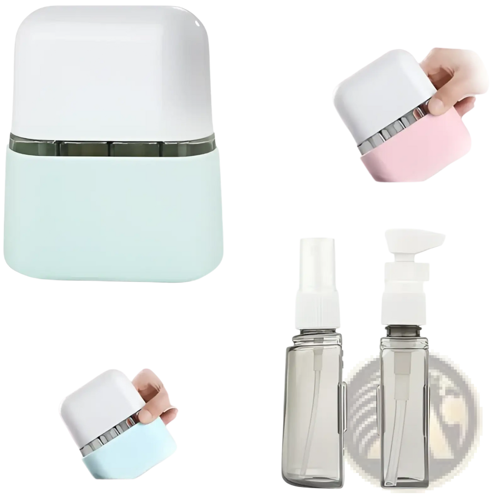 Light blue and white travel-sized portable hand sanitizer dispenser from tsa approved travel bottle set 8 pack toiletry kit